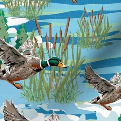 Emerald Green Blue Lakeside Flying Birds Migrating, Cozy Cabin Mallard Ducks Migration Scene, Freshwater Cattails Riverbed, Calming Blue Grey Ducks, Birds in Flight, Serene, Misty Morning Mallards Ducks Flying, Whispering Riverbed Marsh Reeds, Earthy Brow