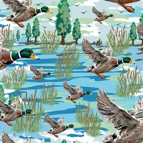Emerald Green Blue Lakeside Flying Birds Migrating, Cozy Cabin Mallard Ducks Migration Scene, Freshwater Cattails Riverbed