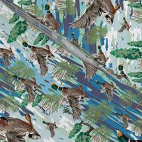 Classic Flying Bird Pattern, Lakeside Cabin Birds Migrating, Emerald Green Mallard Ducks Migration Scene, Freshwater Bulrush Riverbed (Medium Scale)