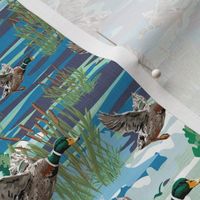 Classic Flying Bird Pattern, Lakeside Cabin Birds Migrating, Emerald Green Mallard Ducks Migration Scene, Freshwater Bulrush Riverbed (Medium Scale)