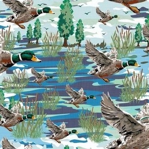 Classic Flying Bird Pattern, Lakeside Cabin Birds Migrating, Emerald Green Mallard Ducks Migration Scene, Freshwater Bulrush Riverbed (Medium Scale)