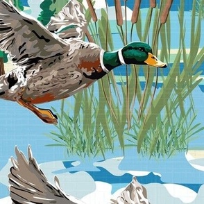 Vibrant Blue Lakeside Cabin Flying Birds Migrating, Emerald Green Mallard Ducks Migration Scene, Freshwater Bulrush Riverbed, LARGE SCALE