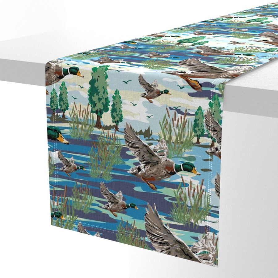 Lakeside Cabin Flying Birds Migrating, Emerald Green Mallard Ducks, Migration Scene, Freshwater Bulrush Riverbed, Feather Friends, Lakehouse Style, Flying Bird Duck, Water Birds, Marshland Pattern, Linen Texture, Emerald Green Mallard Feathers, Scenic Wat