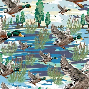 Lakeside Cabin Flying Birds Migrating, Emerald Green Mallard Ducks, Migration Scene, Freshwater Bulrush Riverbed