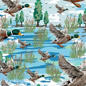 Flying Birds Migrating Mallard Ducks, Lakeside Migration Scene, Emerald Green Bird Feathers, Freshwater Cattails Riverbed