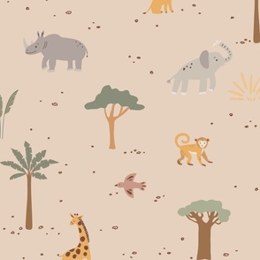 Safari animals on a  warm Sandy background. Nursery perfect.
