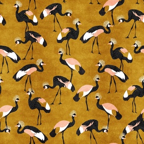 jumbo east african cranes - gold mustard black white and peach pink - textured