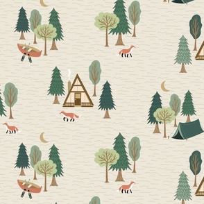 Life By The Lake with Cabin, Forest, Canoe and Cute Foxes in Green, Brown and Cream