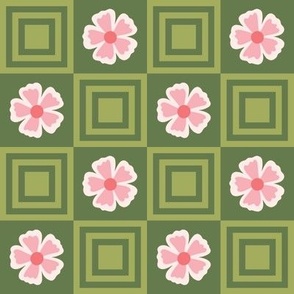 Whimsical Cheeky Pink Daisy Blossom on Aspen Green Check: Charming Medium Floral Pattern for Spring 