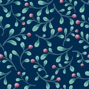 Hand-drawn twigs with small leaves and berries on dark blue background