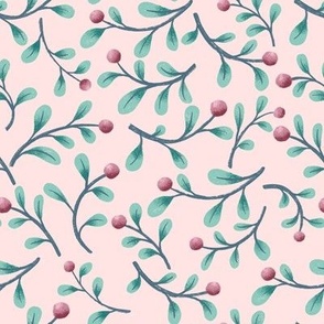 Hand-drawn twigs with small leaves and berries on pink background