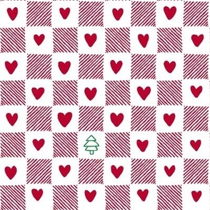 Christmas checkerboard red hearts and fir tree