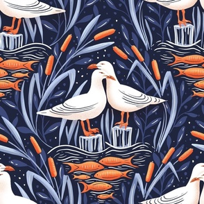 dreamy pair of seagulls in the lake - collection "Lake life" - dark, navy blue and orange