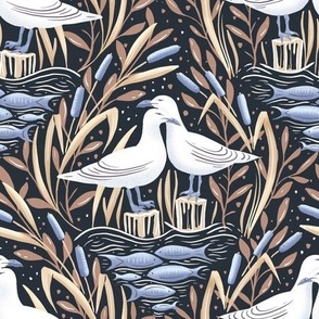dreamy pair of seagulls in the lake - collection "Lake life" - dark, beige and blue