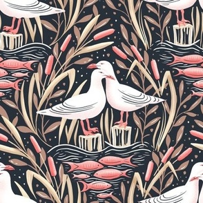 dreamy pair of seagulls in the lake - collection "Lake life" - dark, beige and pink