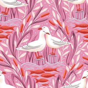 dreamy pair of seagulls in the lake - collection "Lake life" - pink
