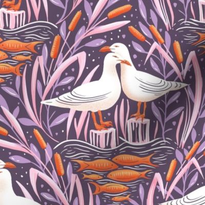 dreamy pair of seagulls in the lake - collection "Lake life" - purple 