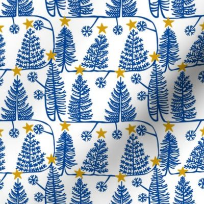 Winter blue fir forest with Christmas stars