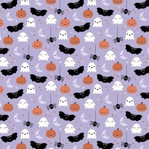 Cute ghosts pumpkin faces moon stars adorable bats and spiders happy kawaii halloween lilac orange SMALL