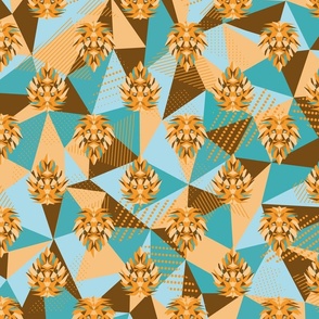 Blue Yellow Brown Geometric Lion Heads Savanne theme pattern 