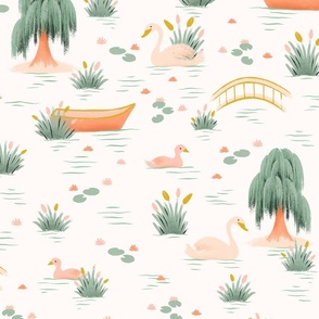 Lake Life featuring Swans, Ducks, Lilly pads, Rowing Boats and Willow trees in a coral, mustard and green palette