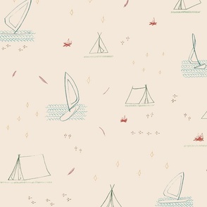 LARGE - Minimalist Lake Life Scene - windsurfers, waves, tents, campfires, feathers, stars - multi-color