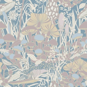 Mushrooms and Blooms in muted pink and blue/LARGE/boho/woodland