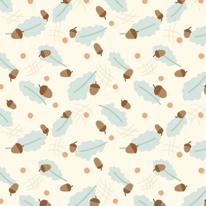 Hand Drawn Tossed Leaves And Acorns in Aqua, Cream, Brown - Large Scale