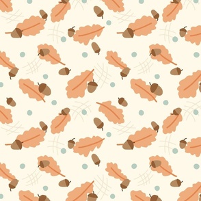 Hand Drawn Tossed Leaves And Acorns in Orange, Cream, Brown - Large Scale