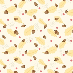 Hand Drawn Tossed Leaves And Acorns in Yellow, Cream, Brown - Large Scale