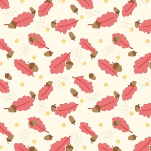 Hand Drawn Tossed Leaves And Acorns in Red, Cream, Brown - Large Scale