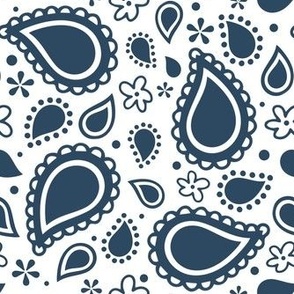 Medium Scale Playful Paisley Bandana Navy on White