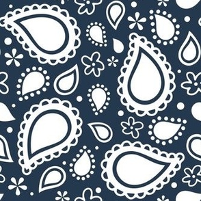 Medium Scale Playful Paisley Bandana Navy on White