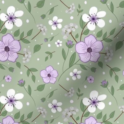 Hand Drawn Floral Stems in Purple, Green, White - Large Scale