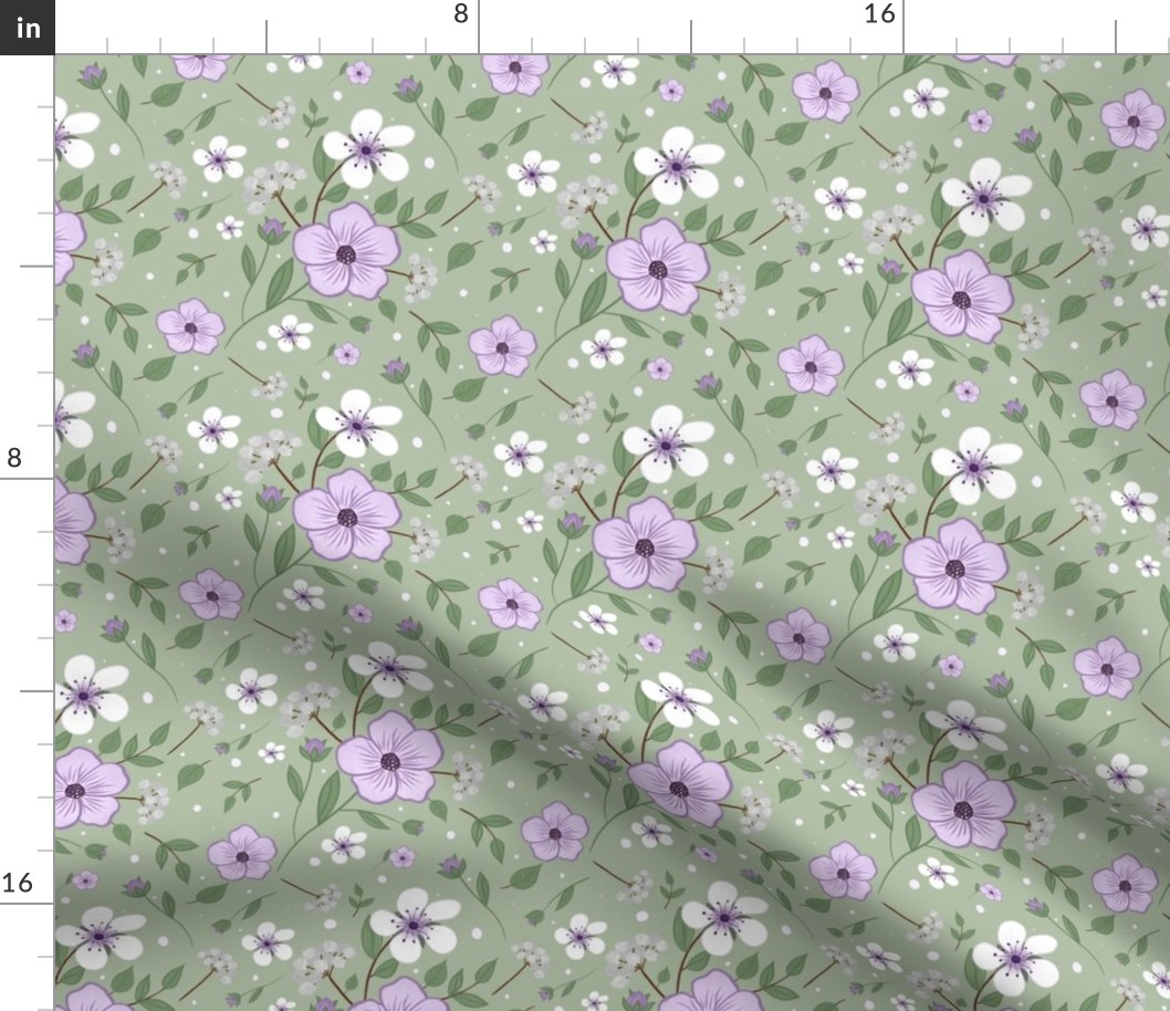 Hand Drawn Floral Stems in Purple, Green, White - Large Scale