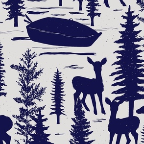 Deer By The Lake With Rowing Boat And Trees Cobalt Blue And Off White Large