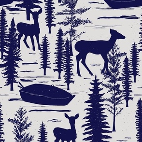 Deer By The Lake With Rowing Boat And Trees Cobalt Blue And Off White Medium