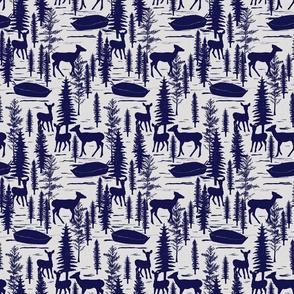 Deer By The Lake With Rowing Boat And Trees Cobalt Blue And Off White Small