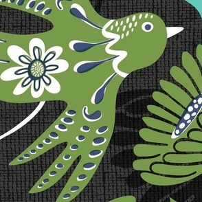 La Fantasia Folklore Birds and Flowers - Charcoal Green Aqua Jumbo