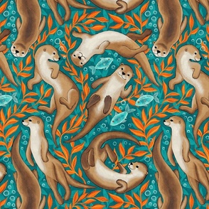 Cute Boho Swimming Otters in Teal and Bright Orange Gouache Large