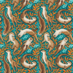 Cute Boho Swimming Otters in Teal and Bright Orange Gouache Medium