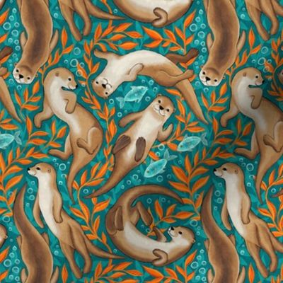 Cute Boho Swimming Otters in Teal and Bright Orange Gouache Small