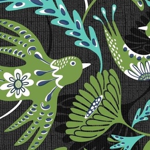 La Fantasia Folklore Birds and Flowers - Charcoal Green Aqua Large