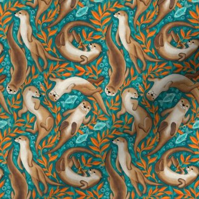 Cute Boho Swimming Otters in Teal and Bright Orange Gouache Extra Small