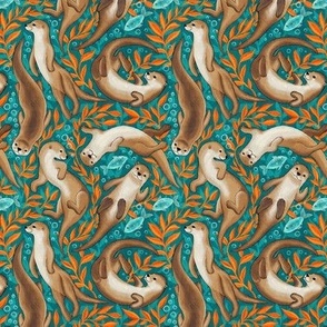 Cute Boho Swimming Otters in Teal and Bright Orange Gouache Extra Small