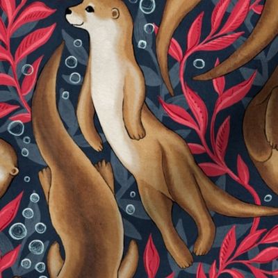 Happy Gouache Otters in Navy Blue and Red Large
