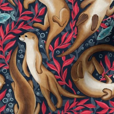 Happy Gouache Otters in Navy Blue and Red Medium