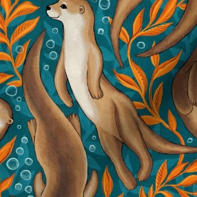 Sweet Swimming Otters in Dark Teal and Orange Gouache Large