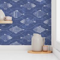 Rustic, illustrated lake life fish // white on indigo blue