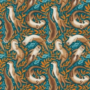 Sweet Swimming Otters in Dark Teal and Orange Gouache Extra Small